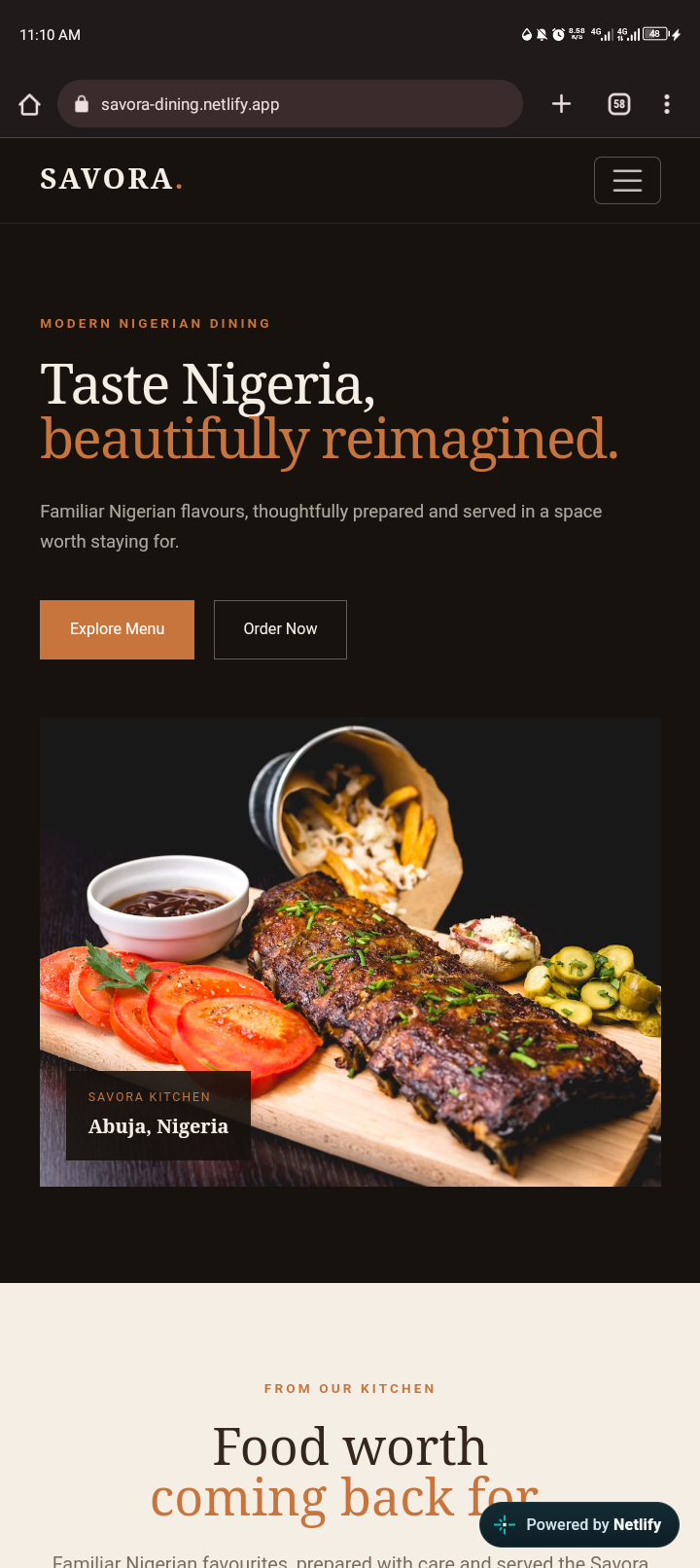 Savora Kitchen website screenshot